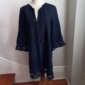 ZARA NAVY BLUE COTTON LACE TUNIC DRESS WITH TASSELS M